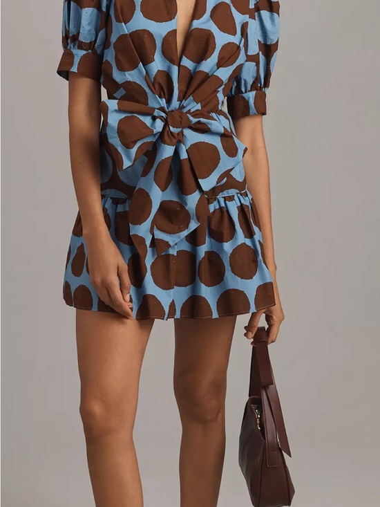 FARM Rio Dresses & Skirts - FARM Rio Blue & Brown Polka-Dot Tie-Front Mini Dress
